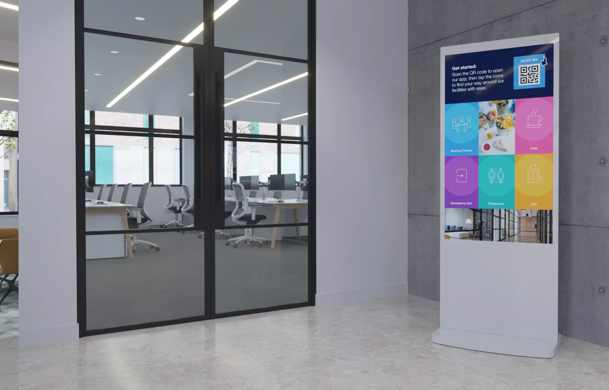 Wayfinding digital sigange in an office Close up