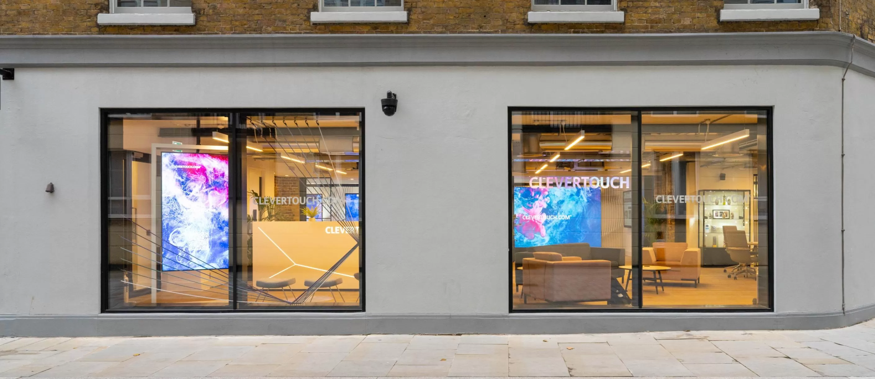 Clevertouch gallery from street view. Digital signage viewable from the windows