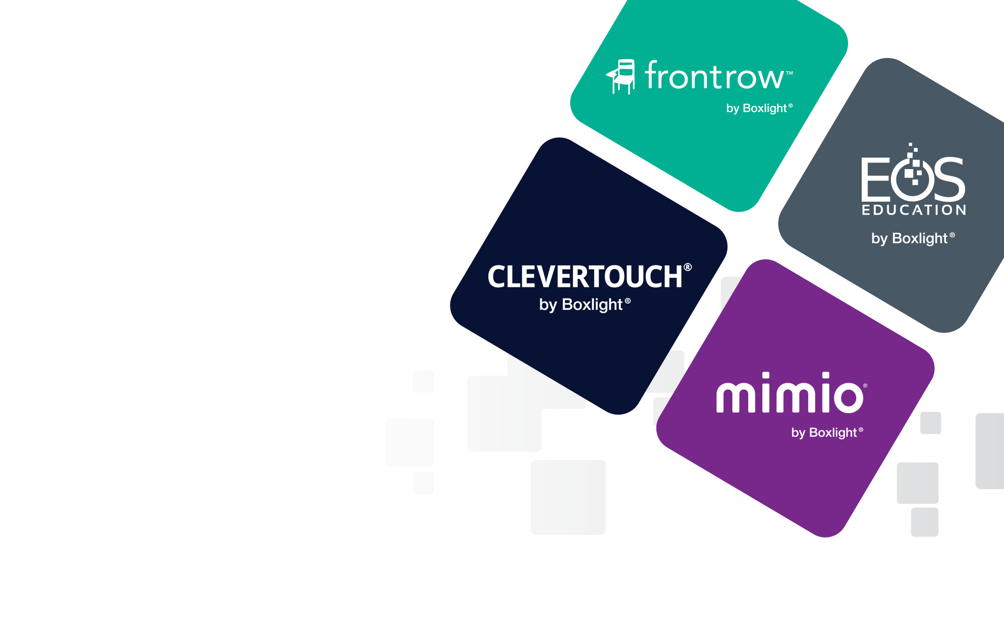 Frontrow logo in a green square, EOS education logo in a blue square, Mimio by boxlight logo in a purple square and clevertouch technologies logo in a navy square. All squares rotated 45 degrees and arranged to make a large square at 45 degrees in the top right corner