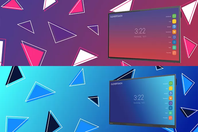 Clevertouch-Impact on a purple/pink background with purple, pink and white triangles on the top and Clevertouch-Impact plus on a blue background with blue and white triangles on the bottom