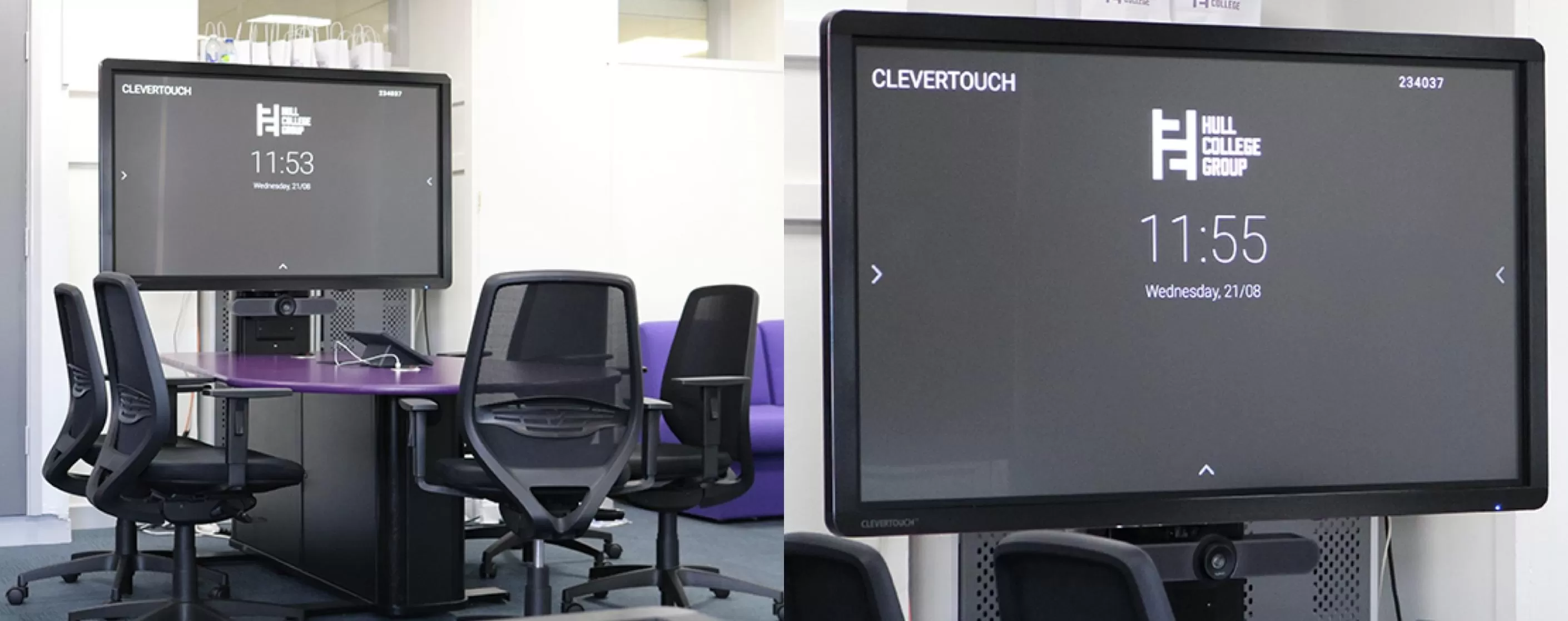 a Clevertouch UX Pro screen at a desk in a meeting space and a close up of the screen