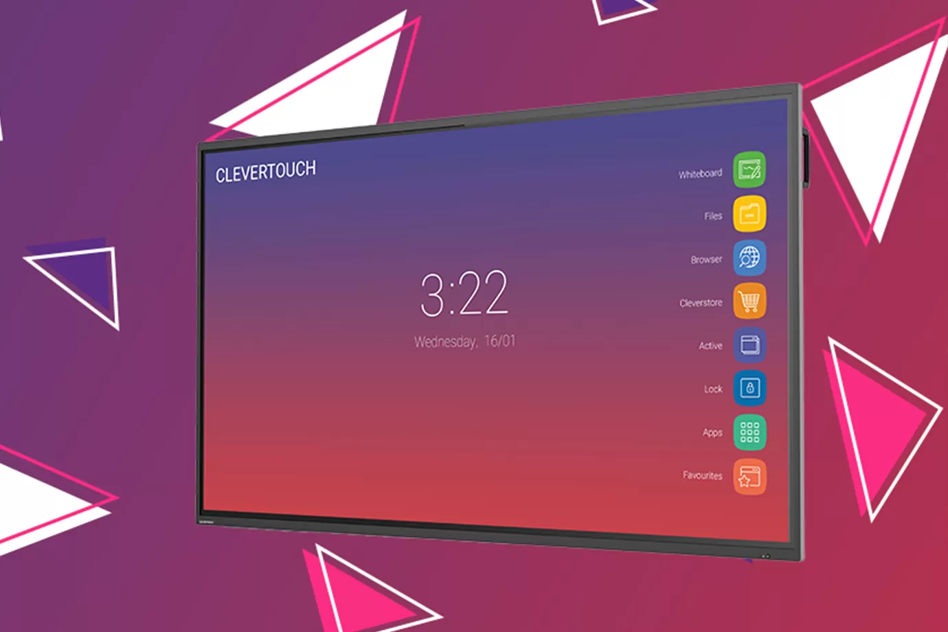 Clevertouch-Impact on a purple/pink background with purple, pink and white triangles on the top