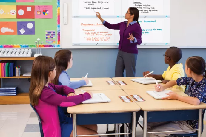 Students using WirelessPenTablets and sharing their screens to the Mimio board the teacher is using