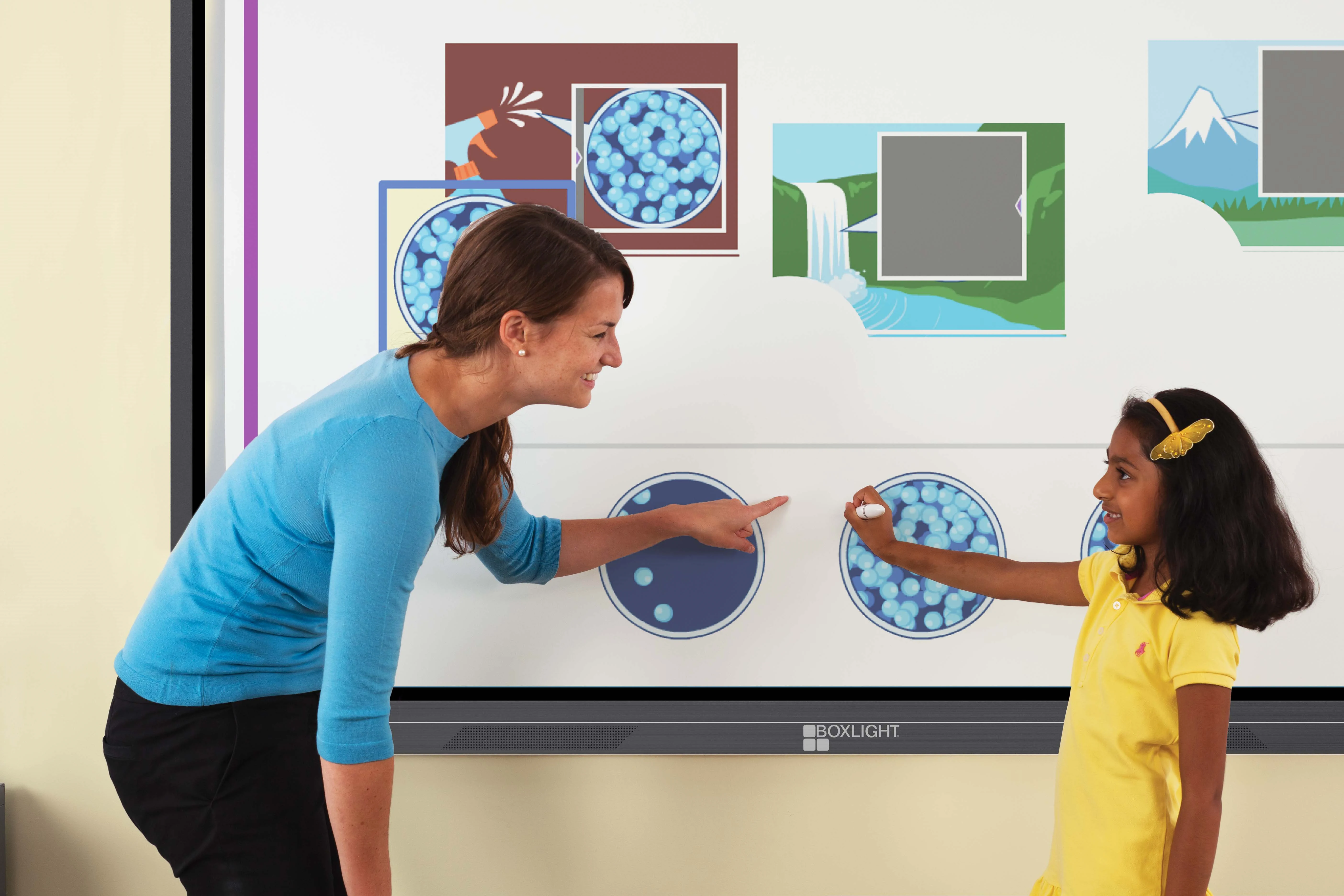 Teacher helping student use an interactive board