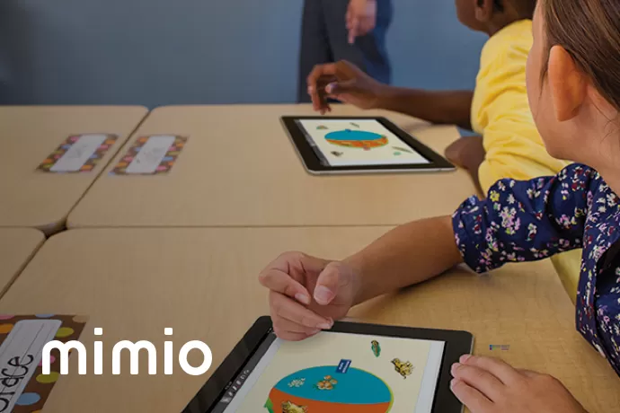 two students using the Mimio Mobile App and 'mimio' in the bottom left corner
