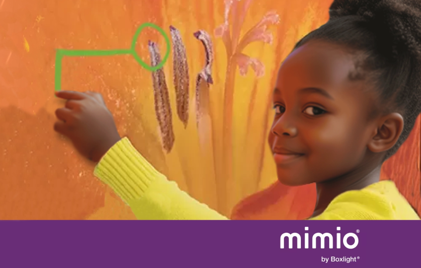 student using mimio studio with purple banner saying 'mimio by boxlight' at the bottom