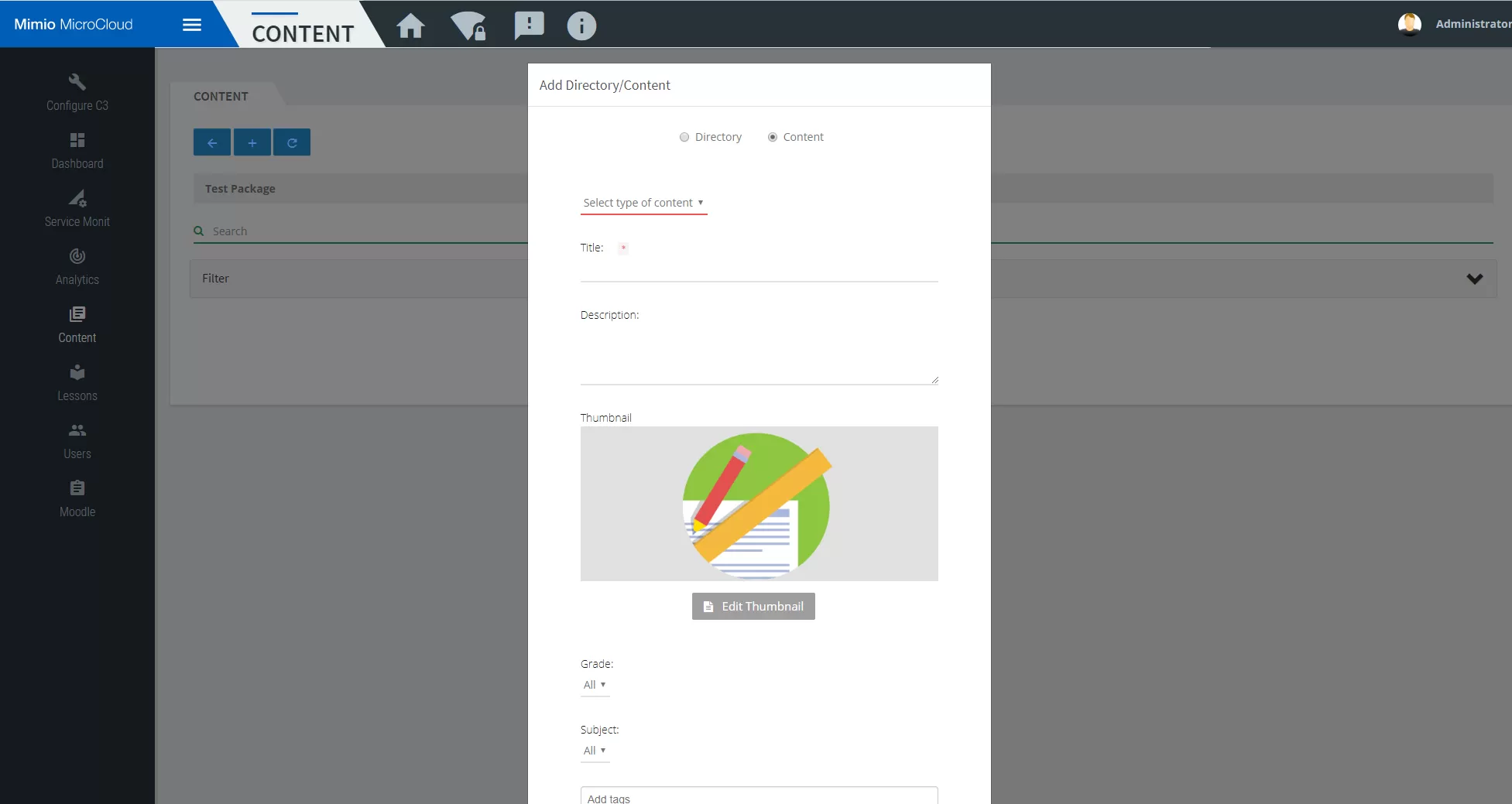 Content creation screen on Mimio Microcloud
