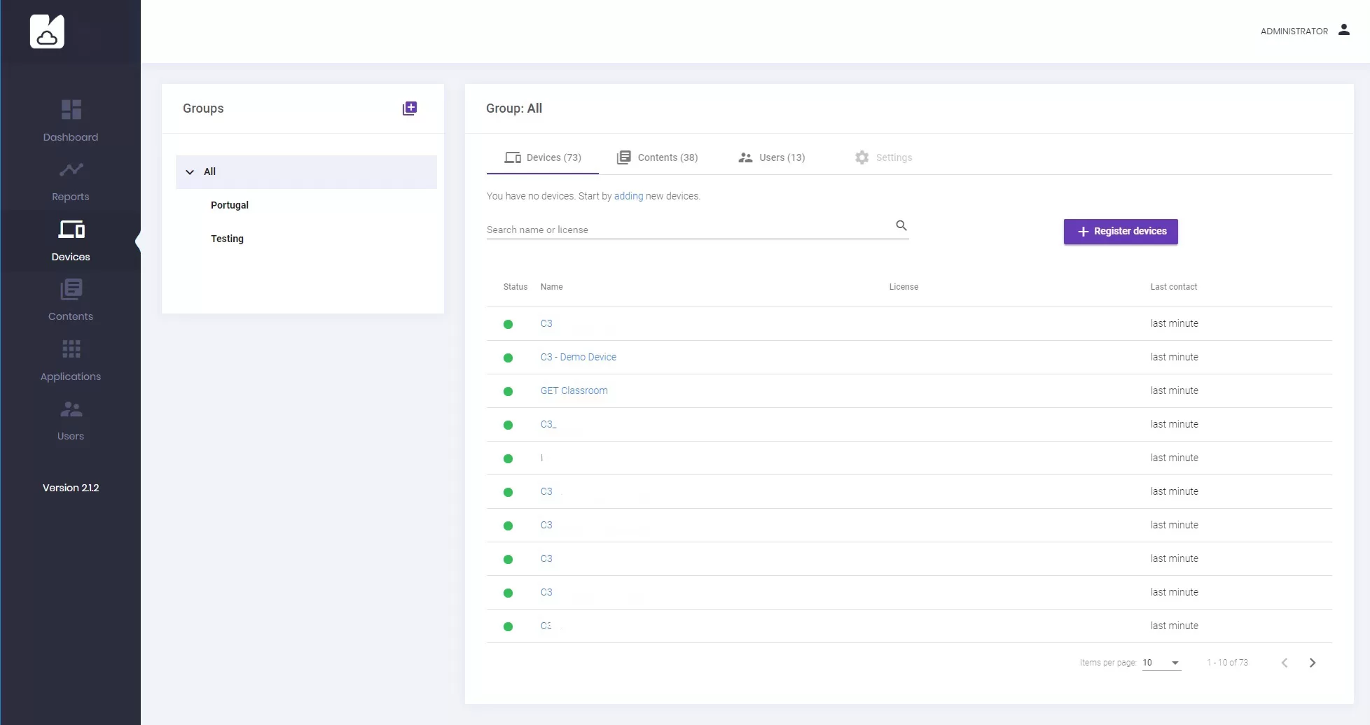 Devices screen on Mimio Microcloud