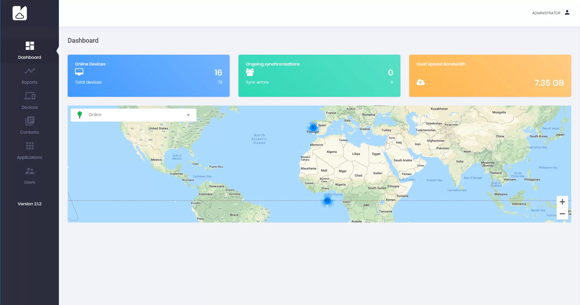 Dashboard screen on Mimio Microcloud