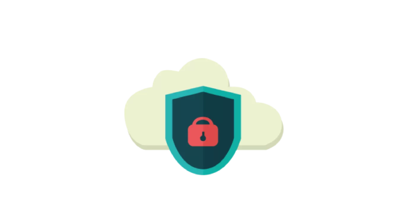 Shield with a red padlock in front of a cloud graphic