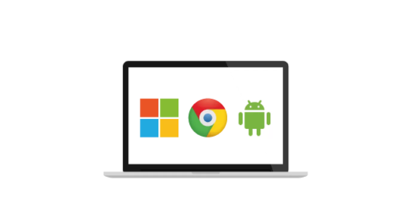 Laptop displaying Google chrome, windows and android logos