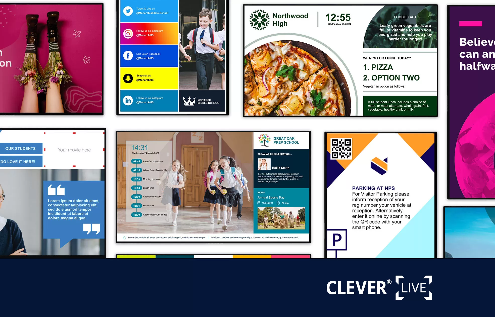 examples of digital displays arranged in a mozaic with 'cleverLive' in a blue banner across the bottom