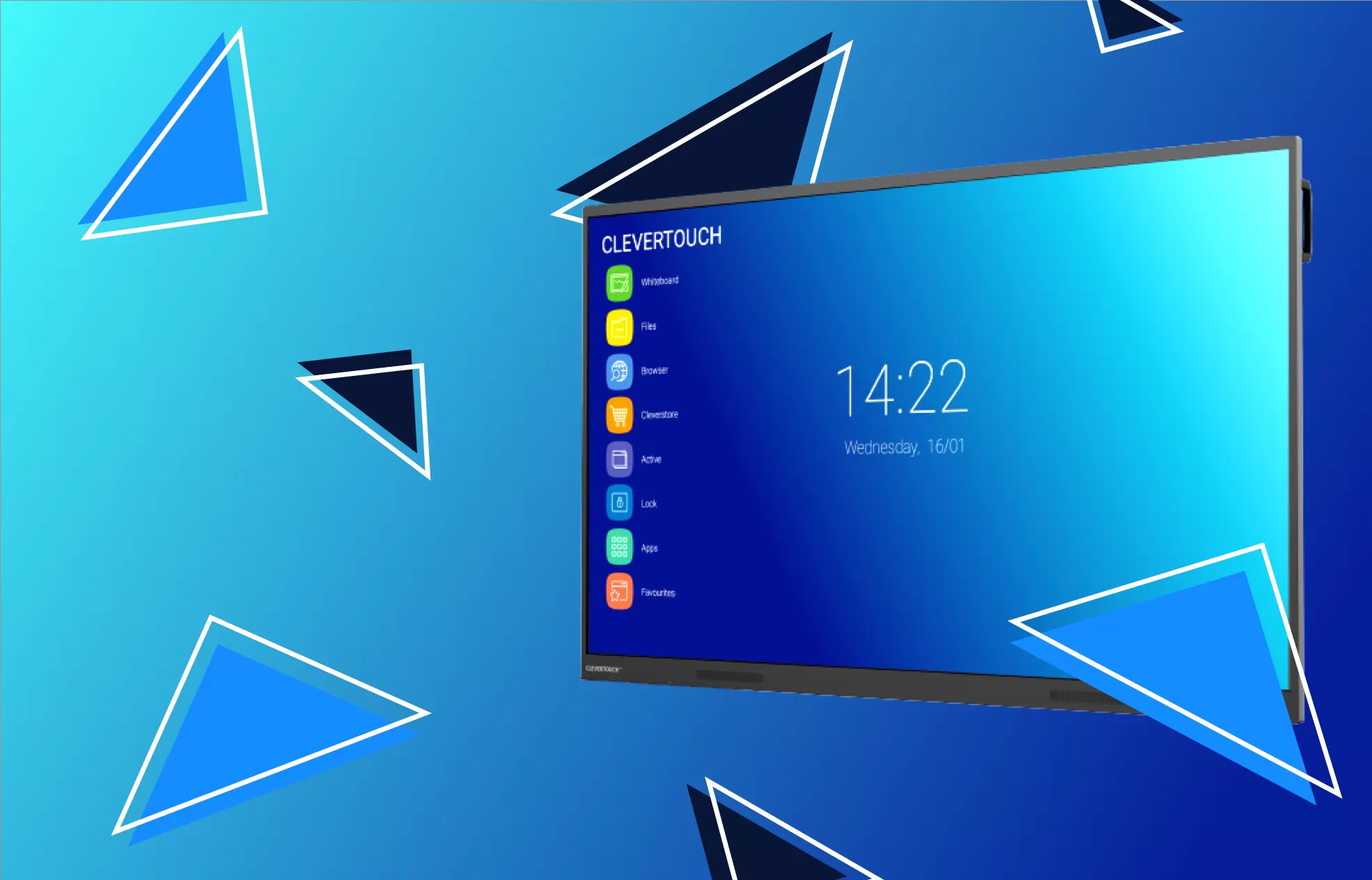 Clevertouch-Impact plus on a blue background with blue and white triangles
