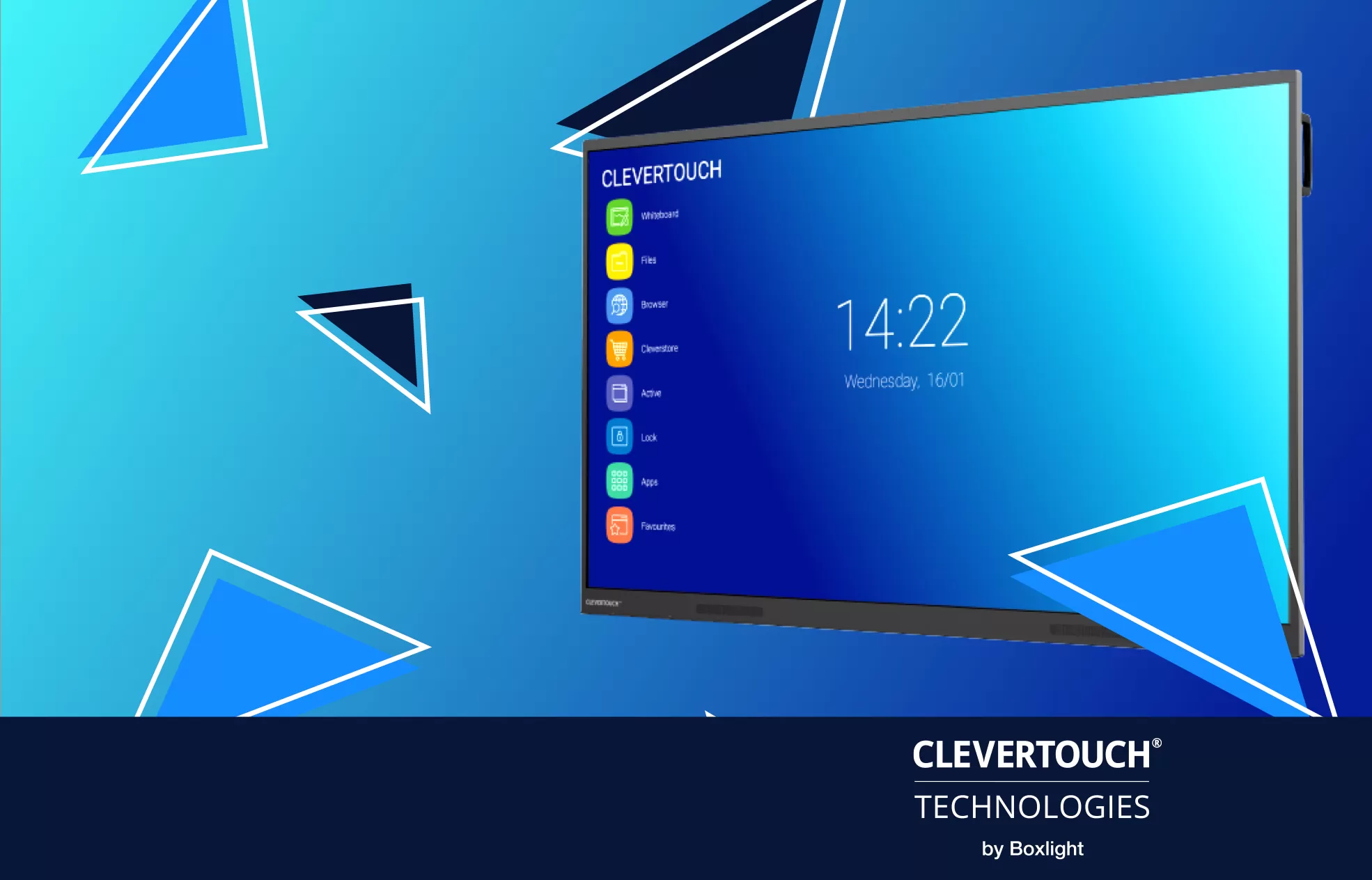 imact plus display on a blue background with triangles and a banner saying 'Clevertouch technologies by Boxlight' across the bottom