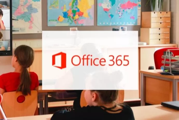 Class looking to the front of the classroom with 'office 365' over the top