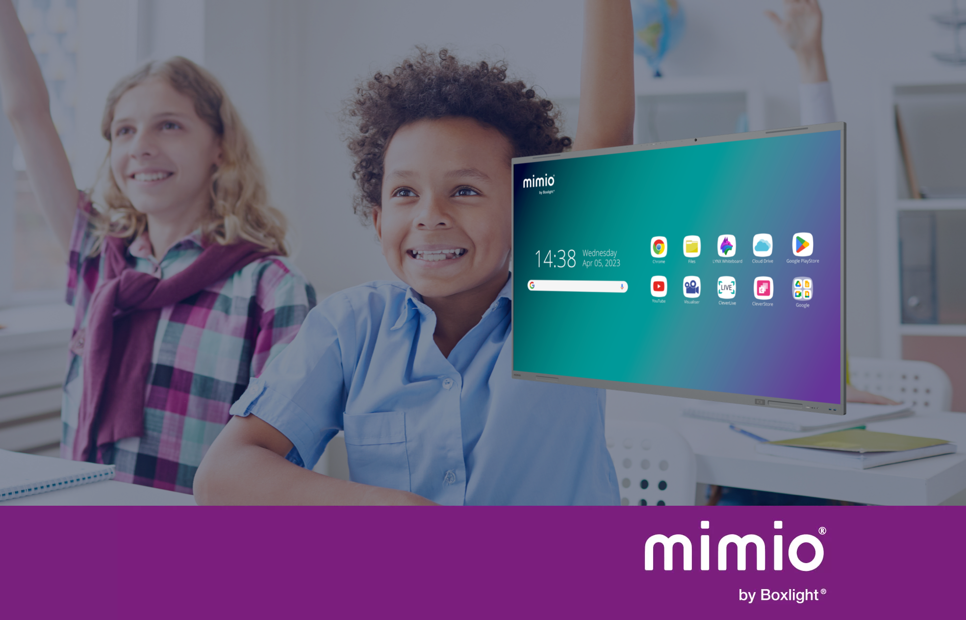 Student using the MimioPro4 touchscreen with a purple banner across the bottom saying 'mimio by Boxlight'
