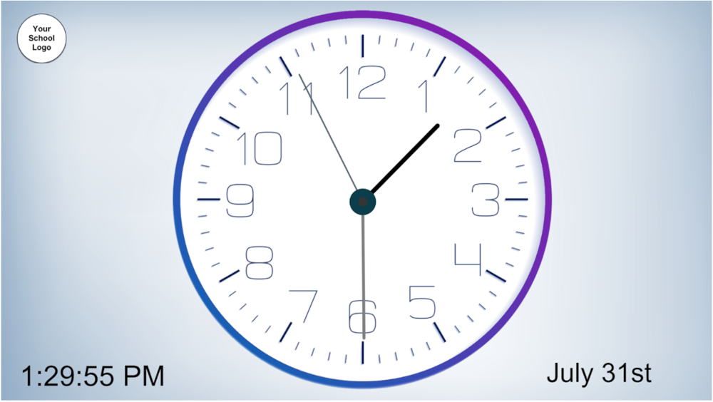 A clock with a purple borderDescription automatically generated