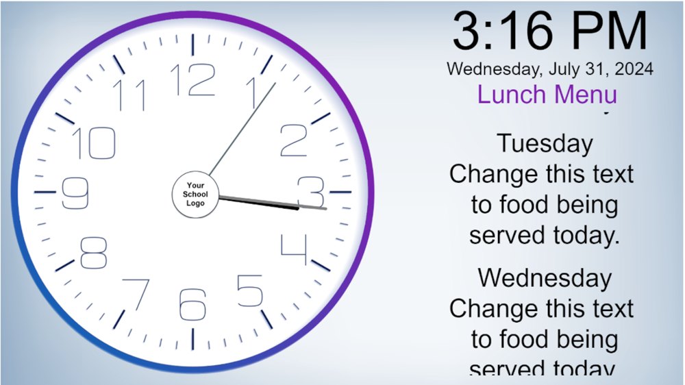 A clock with a purple borderDescription automatically generated