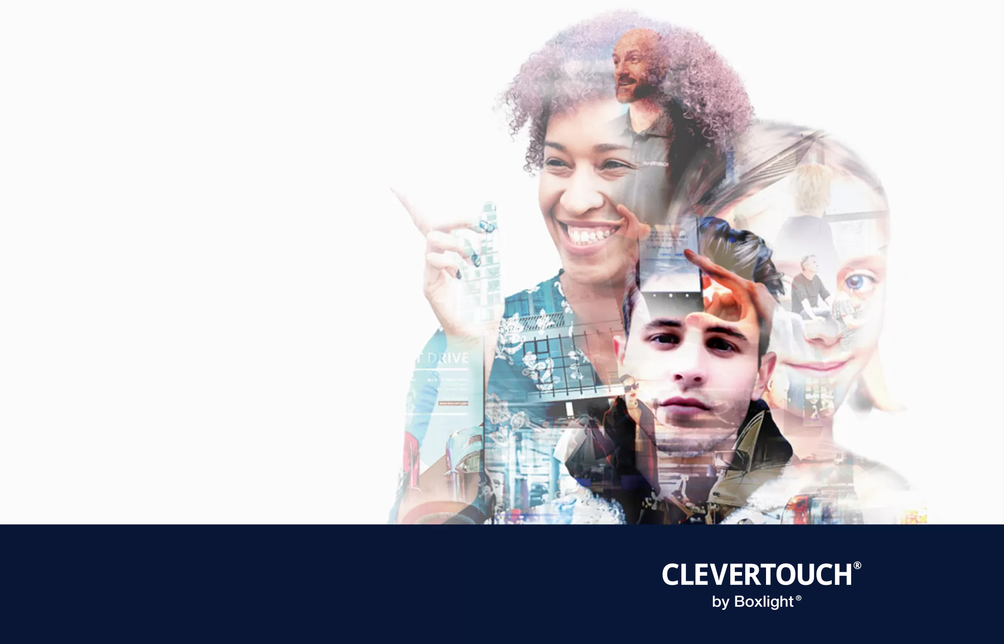 a montage of people with a navy banner with the clevertouch logo along the bottom