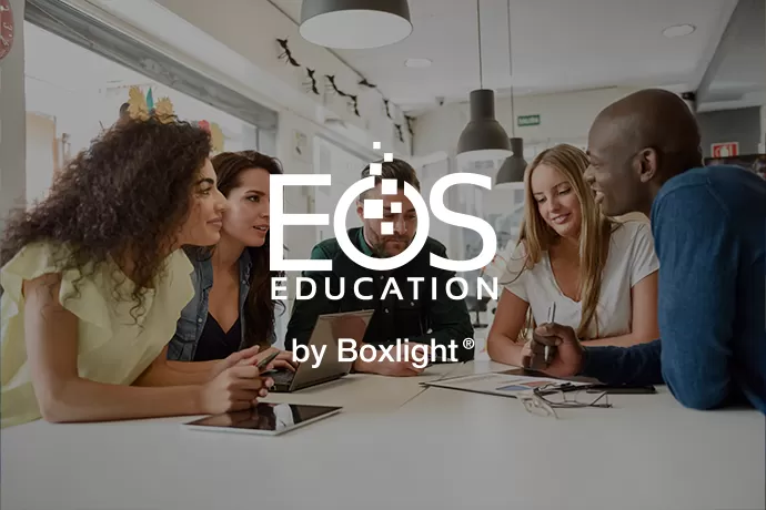 people round a table having a discussion with EOS logo over the lop