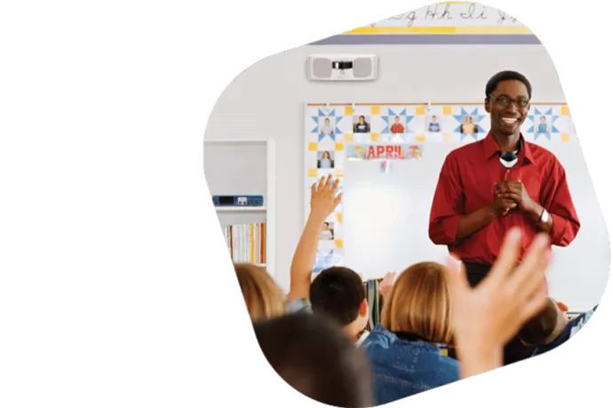 teacher using frontrow in a classroom. image in a square at an angle