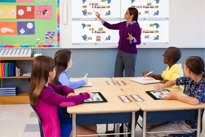 teacher using the MimioTeach in front of a class