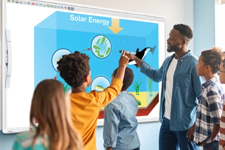 teacher helping student use a mimio teach