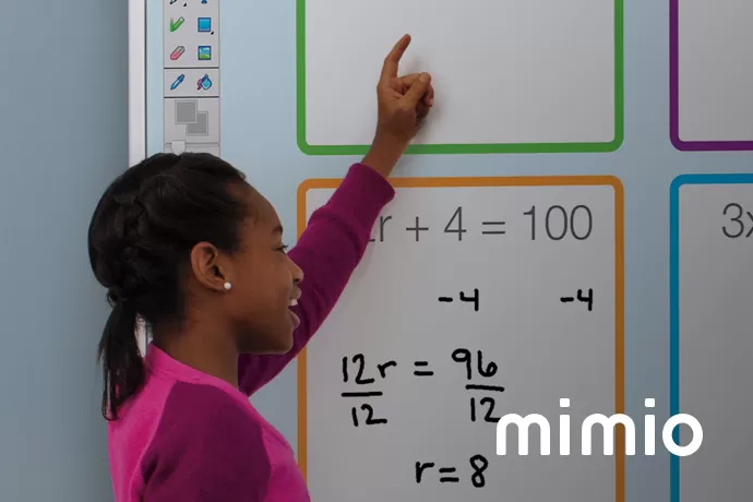 student using MimioBoard with 'mimio' in the bottom right corner