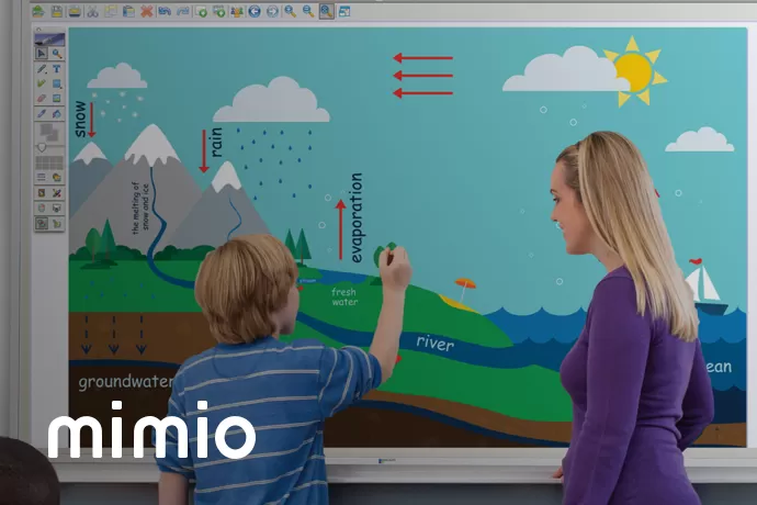 teacher helpping student use Mimio frame with 'mimio' in the bottom left corner