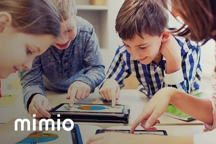 a group of students using the Mimio Mobile App and 'mimio' in the bottom right corner
