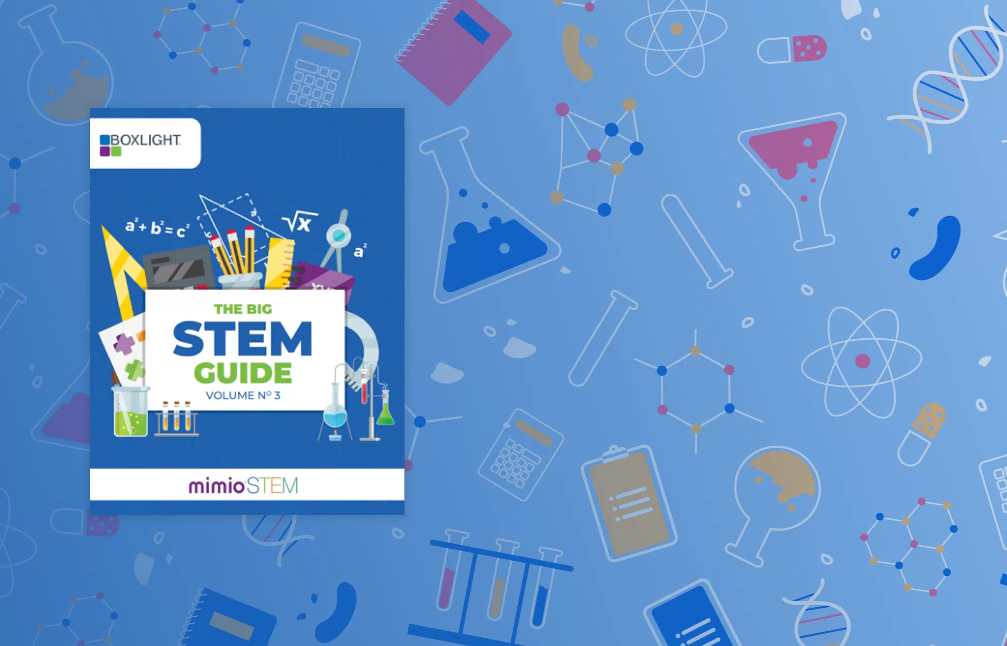 Background of cartoon test tubes, chemicals and clipboards with the Boxlight STEM guide cover over the top to the left