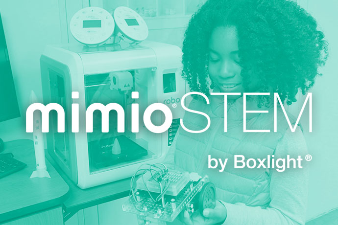 A student holding a Educational Robotics System with a mint filter and 'Mimio STEM by boxlight' written over the top