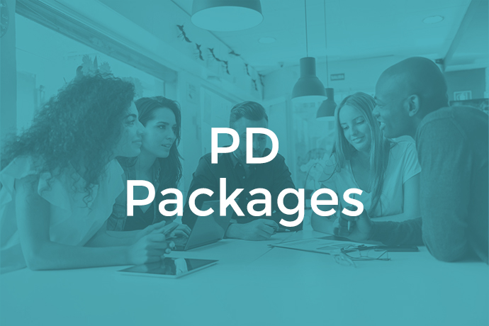 A group of people working together with a blue filter and 'PD packages' written over the top
