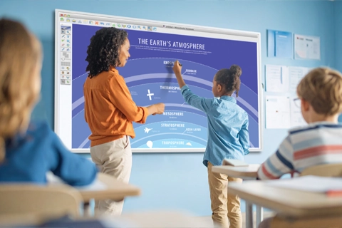 teacher using mimioTeach, student using MimioPad Wireless Pen Tablets and two other tablets