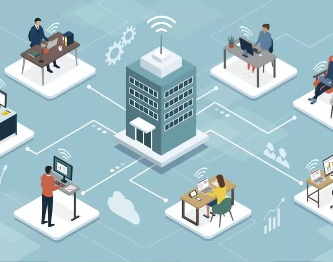 Graphic of remote workers connecting to a centralised building