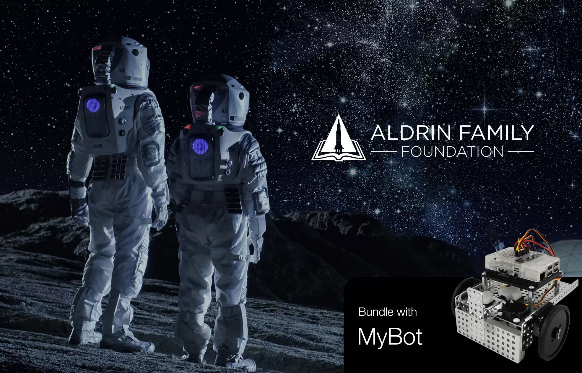 Two astronauts on the moon with 'Aldrin family foundation' and 'bundle with MyBot' to the right-hand side