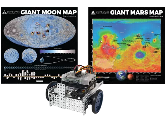 giant moon and mars maps and a robot