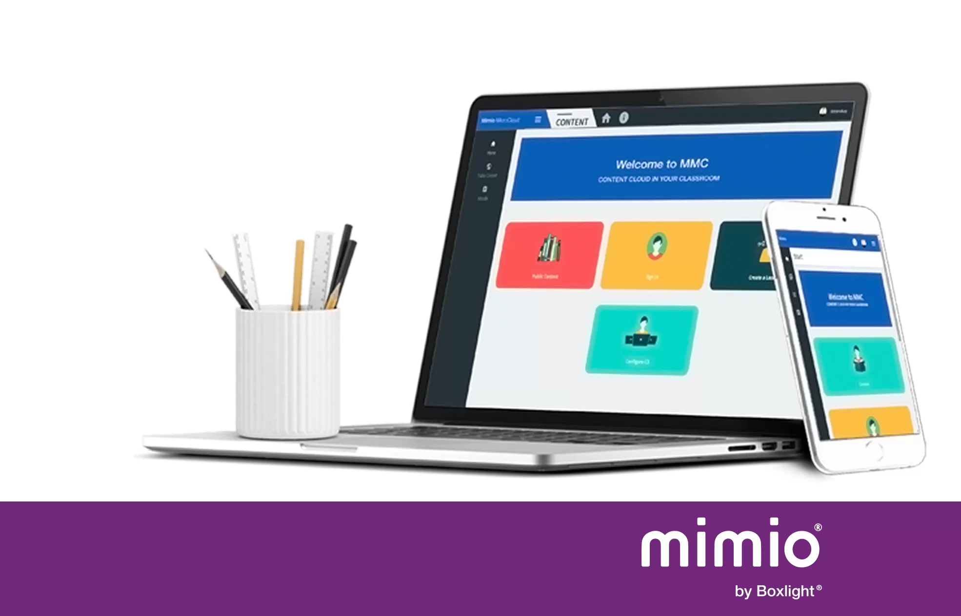 laptop and phone displaying the Mimio MicroCloud home screen with a purple banner saying 'mimio by boxlight' across the bottom