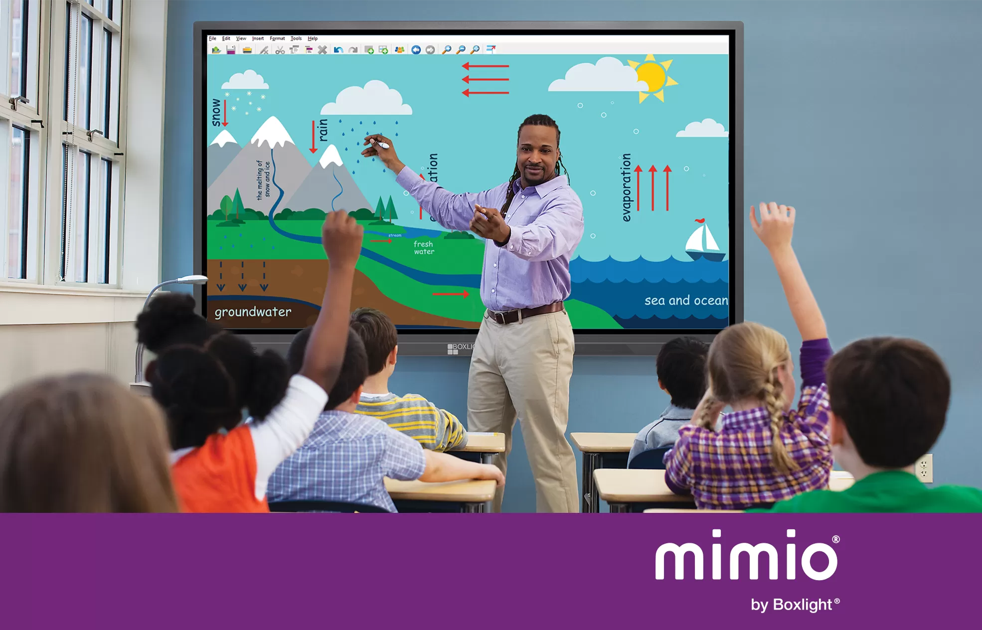 Teacher using mimio Pro 4 with a class. Mimio logo in a pruple banner across the bottom