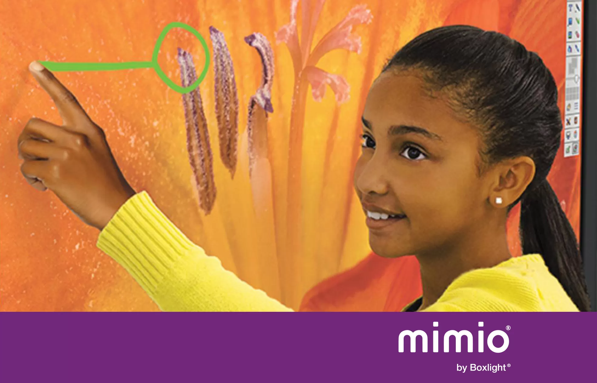 student using mimio studio with purple banner saying 'mimio by boxlight' at the bottom