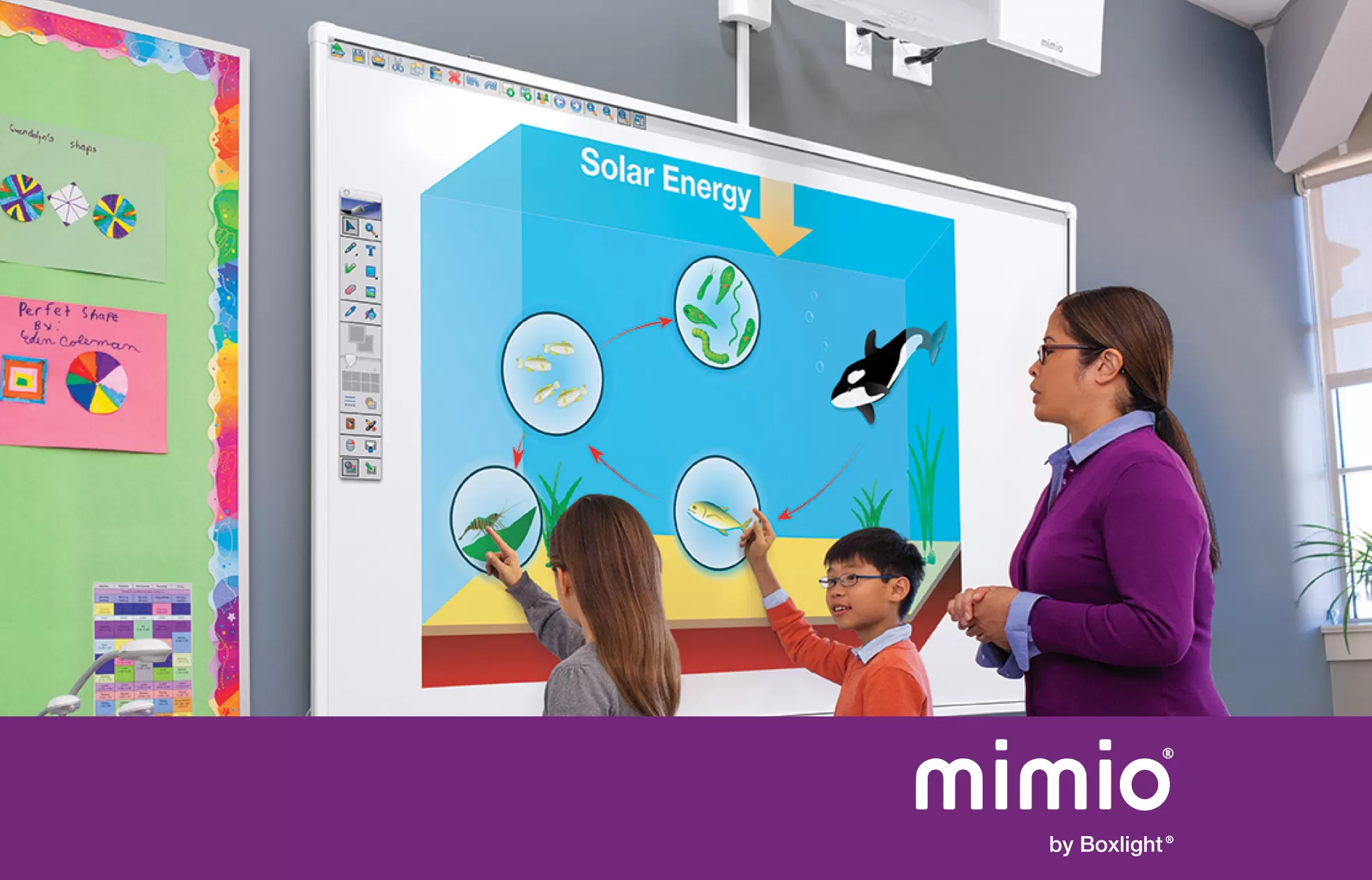 teacher helping students use a mimio touchboard with purple banner saying 'mimio by boxlight' at the bottom