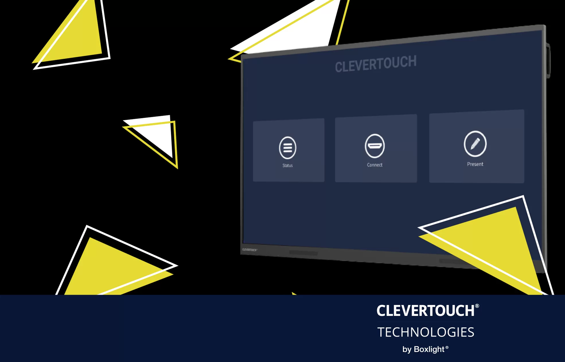 uxpro screen on a black background with yellow triangles and a banner saying 'Clevertouch technologies by Boxlight' across the bottom