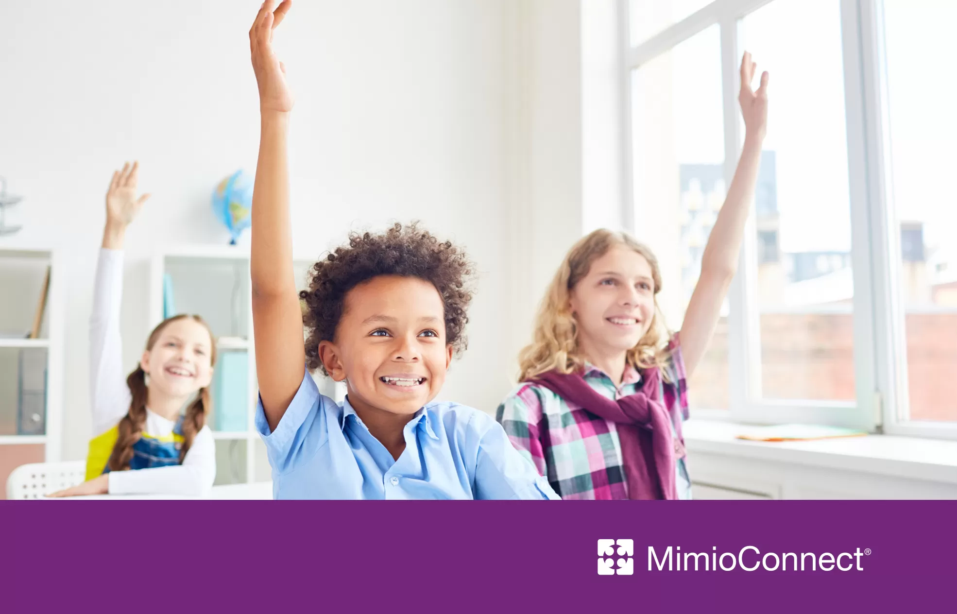 three students raising their hands with purple banner saying 'mimio connect' at the bottom