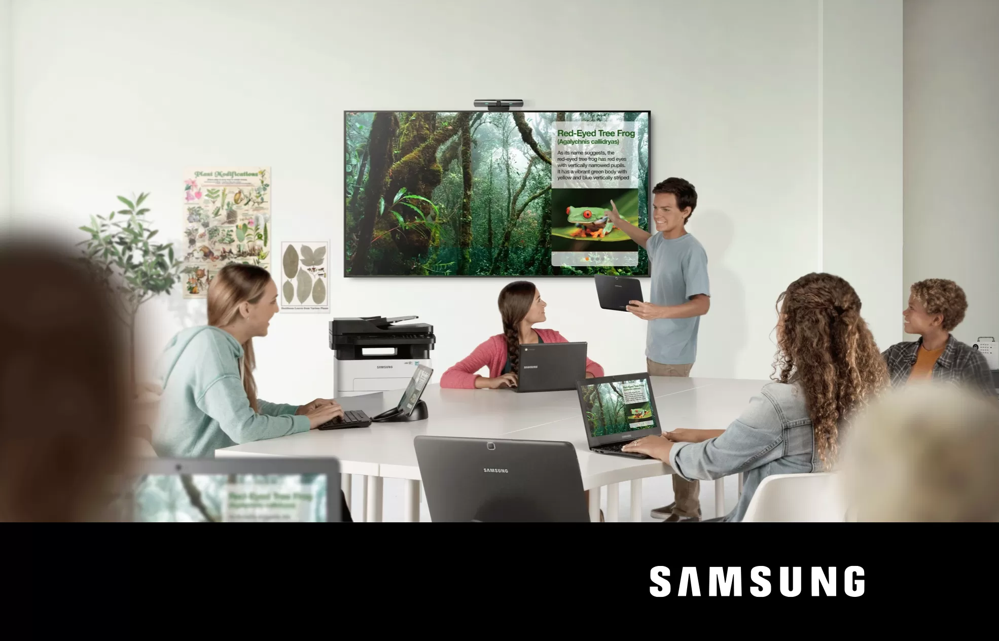 A presentation using samsung laptops and tablet to connect to the MimioPro 4 screen and the samsung logo in the bottom left