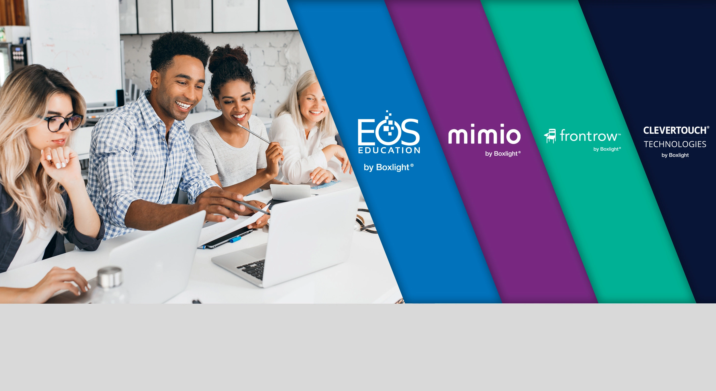 smiling people in a meeting with the ESO, Mimio, FrontRow and Clevertouch logos and colours in stripes down the right-hand side