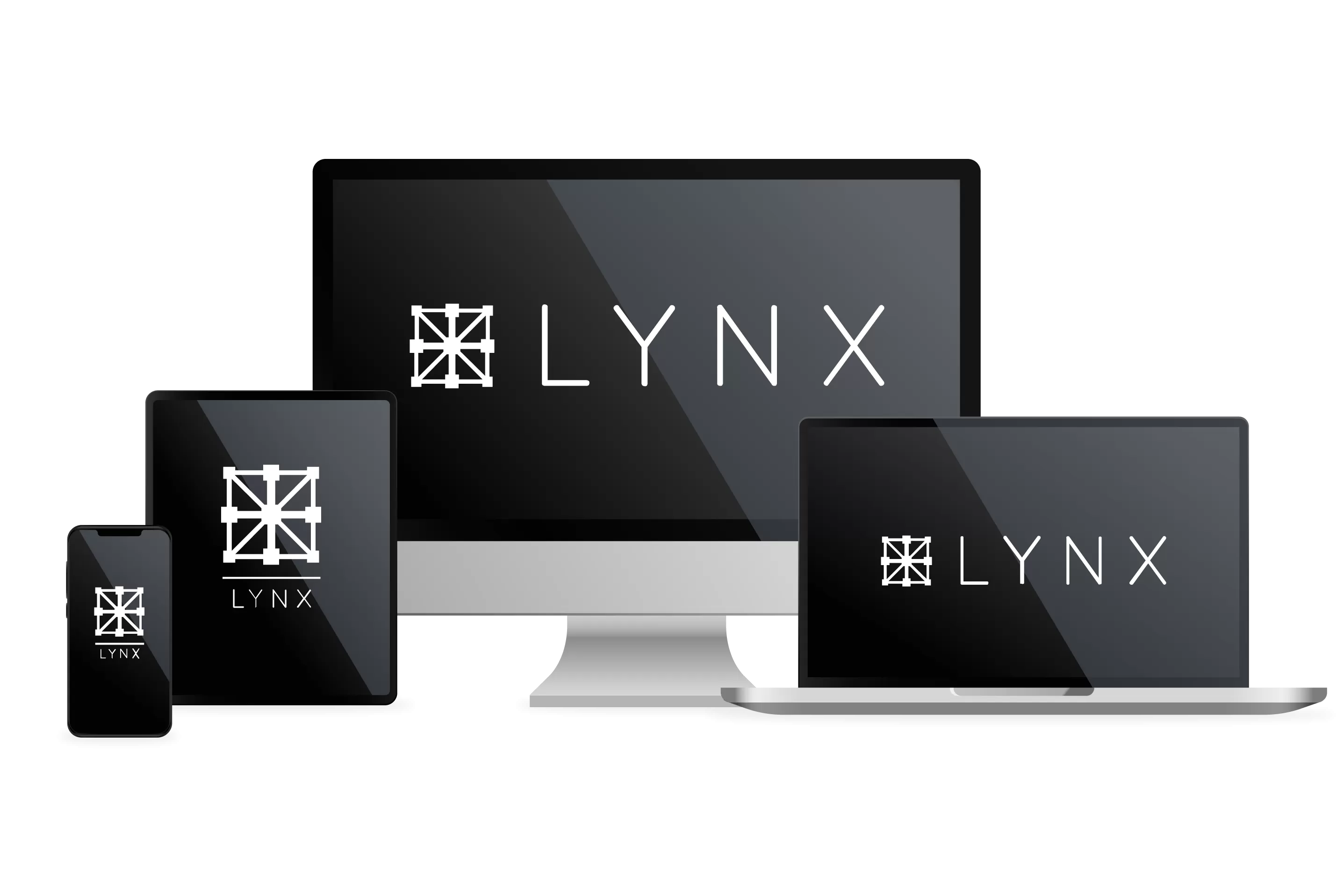 a mobile phone, laptop, tablet and desktop displaying the Lynx logo